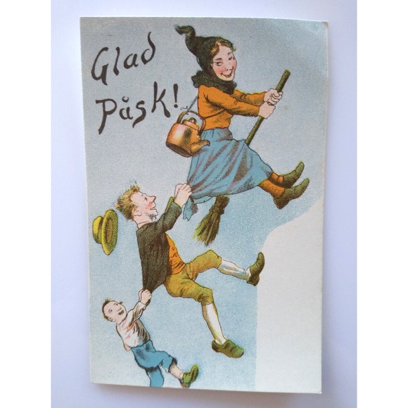 Easter Witch Postcard Fantasy Glad Pask Flying Broom Tea Kettle People Sweden - Picture 2 of 3